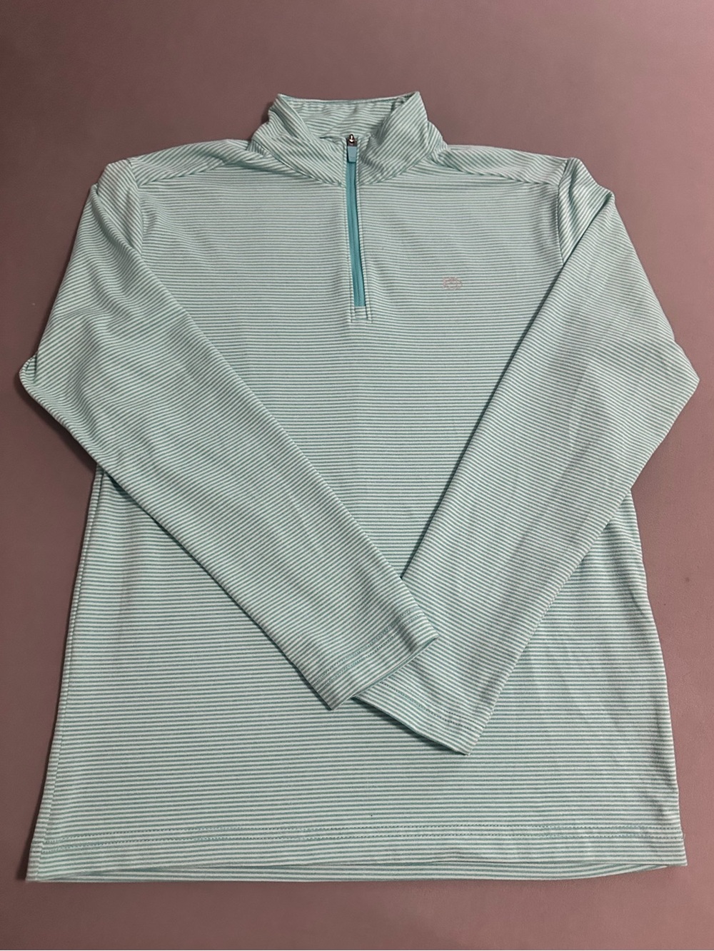 Southern Tide Youth Large 12-14 Aqua White Striped Performance 1/4 Zip Pullover